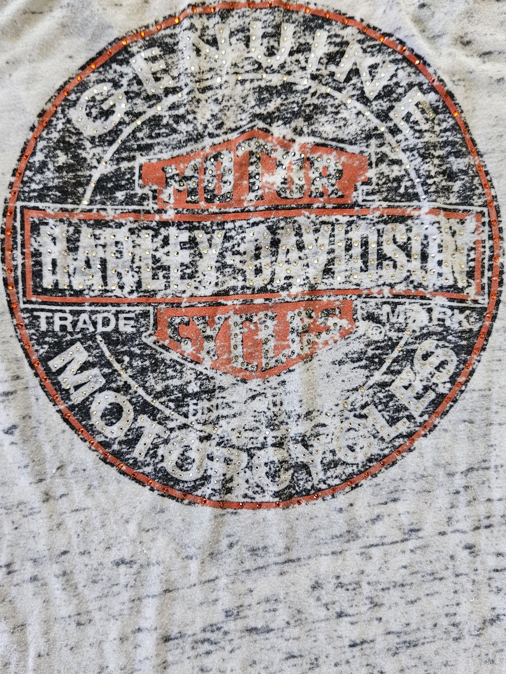 Harley-Davidson Burnout Bedazzled V-Neck Graphic Tee Gray/Orange Size XL - Picture 3 of 8